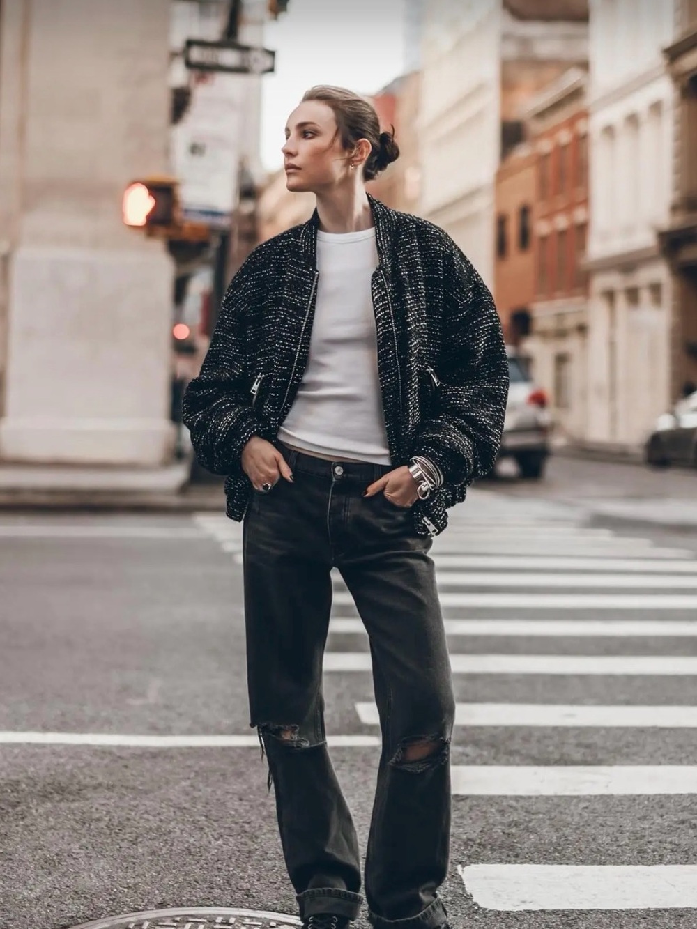 Mikuta Black  and Silver Tweed Bomber Jacket - Women